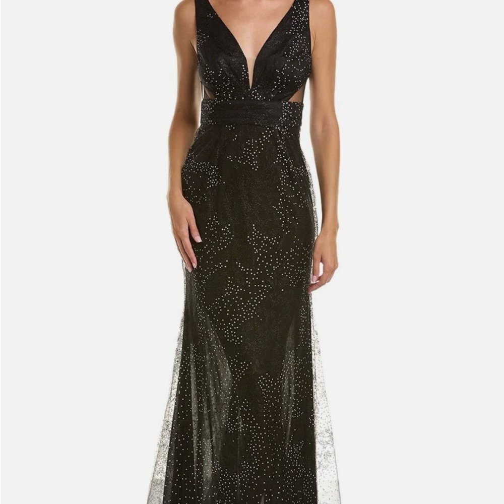 Marchesa Notte Black Glitter plunge neckline gown